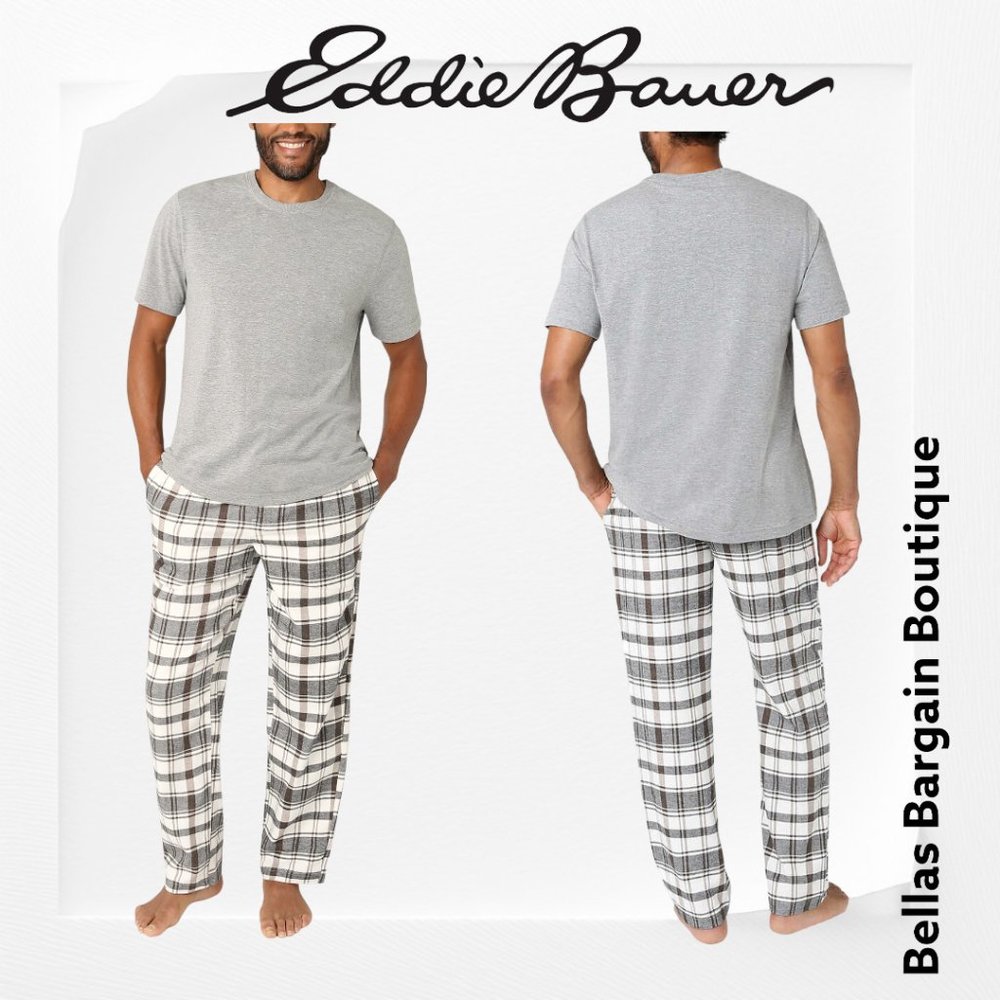 Eddie Bauer Men's 2-Peice Lounge Set Gray T-Shirt and Plaid Pajama NWT